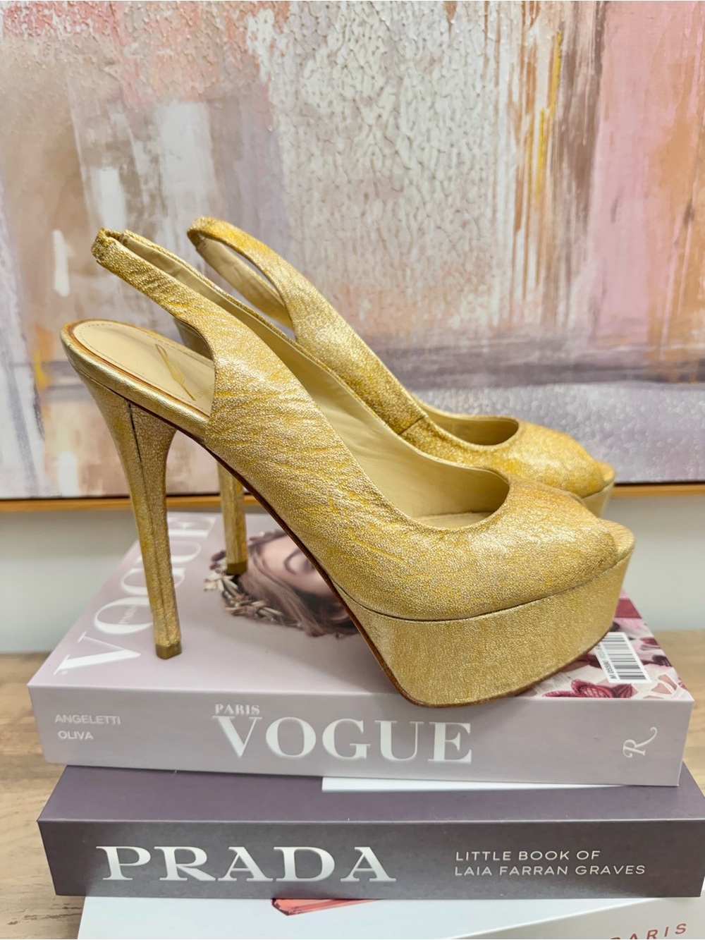 ❤️ Brian Atwood Bambola Gold Slingback Platform Stiletto Peep Toe Peeptoe Pumps